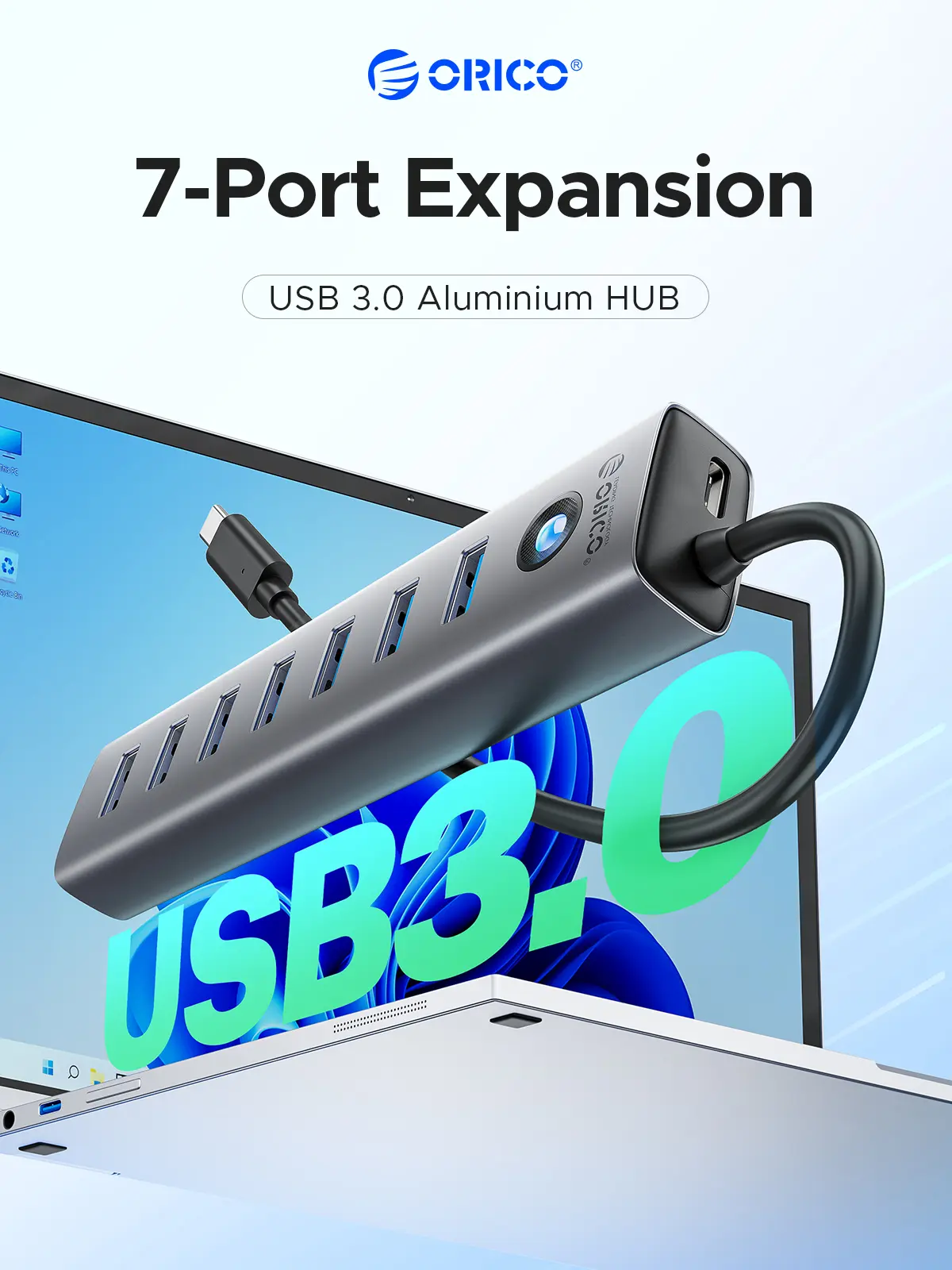 ORICO 7-Port USB 3.0 Hub, Aluminum USB Multiple Adapter, 5Gbps USB Extender USB Splitter with 1.64Ft Cable, UBS-A Hub Long Cable for Desktop, PC, Flash Drive, Mobile HDD, Windows/XPS-CL7U