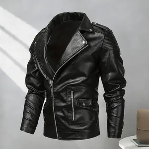 Men’s trendy new leather jacket outerwear, American style, European size, motorcycle-inspired autumn/winter model with side zipper