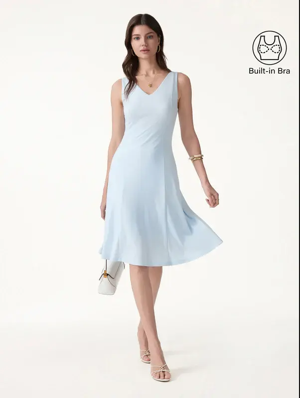 Women's Stretch Ponte V-Neck A-Line Midi Bra Dress - Blue Air