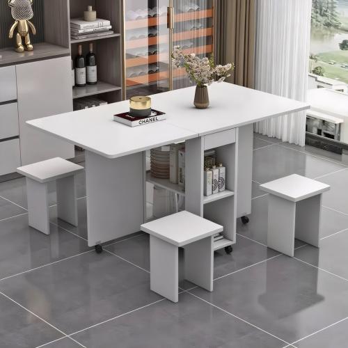 [Bellemave]5-piece set/Folding Drop Leaf Dining Table Set for 4 with 4 Chairs, Space Saving Foldable Dining Table with Storage and 6 Wheels, 47.2 inch D x 23.6 inch W x 30.3 inch H, White