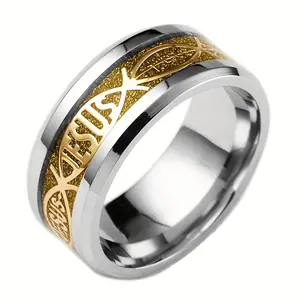 Stainless Steel Christian Ring, Jesus and Cross Design - Religious Jewelry Gift