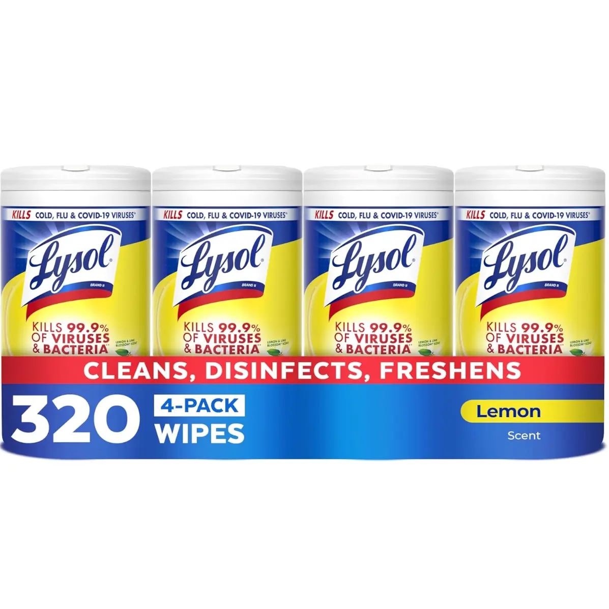 Lysol Disinfecting Wipes Multi-Surface Cleaner Lemon Scent 320 Count 4-Pack Kills 99.9% of Viruses & Bacteria