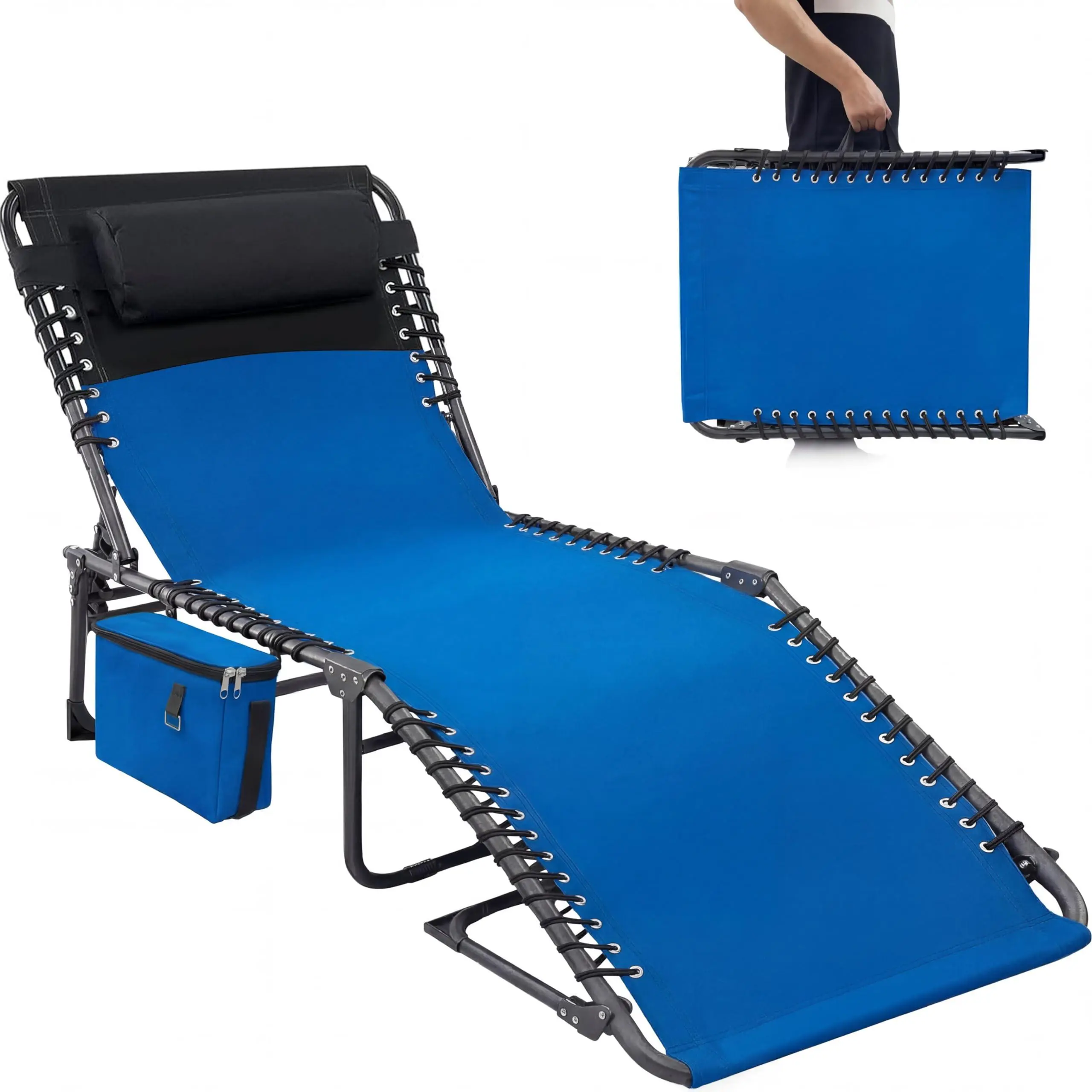 Chaise Lounge Chair Outdoor, 5-Position Adjustable Sun Tanning Chair with Carrying Handle and Side Pocket, Folding Bed Cot with Removable Pillow for Garden, Beach, Patio, Pool, Camp,Blue