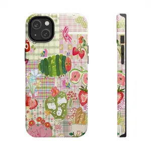 Cute Caterpillar Fruit Collage Pastel Plaid Tough Phone Case. Whimsical Vintage Aesthetic Heavy Duty Shockproof Protective Cover for iPhone 17 Pro Max 16 Air 15 14 13 12 11. Colorful Accessories.