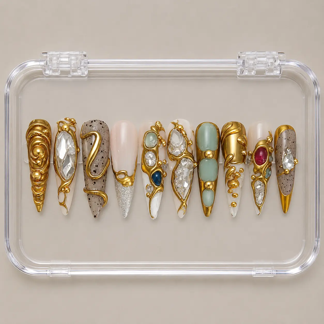 Handmade 3D Gold Chrome Molten Metal Press On Nails | Rhinestone Gem Speckled Stone Avant Garde Art