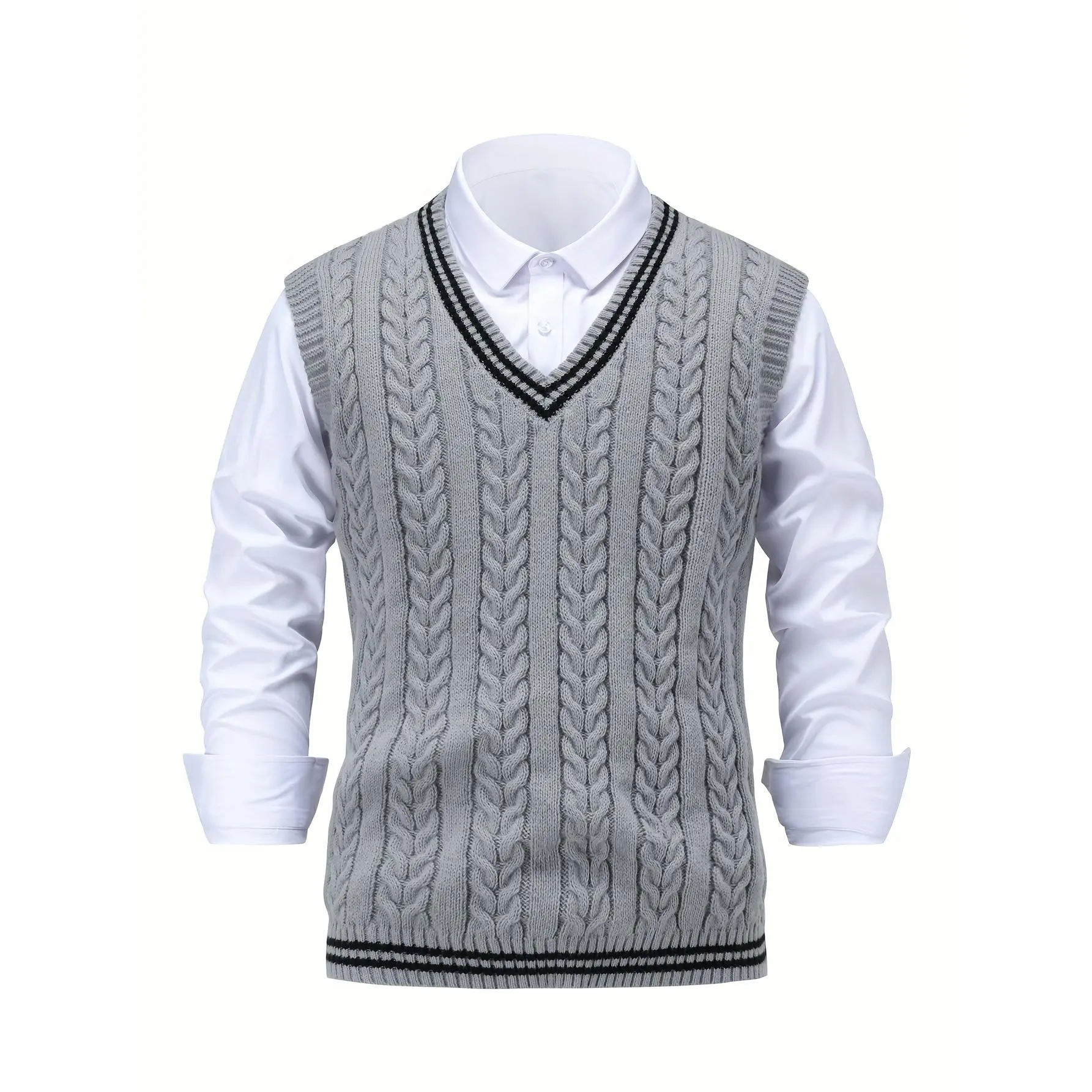 [1pc Unisex Casual Knit Sweater Vest] Unisex Casual V-Neck Knit Sweater Vest, Polyester Blend, Sleeveless Pullover, with Rib-Knit Detail, for Fall/Winter - Tumujin Select Series