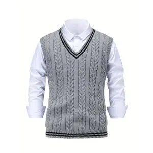 [1pc Unisex Casual Knit Sweater Vest] Unisex Casual V-Neck Knit Sweater Vest, Polyester Blend, Sleeveless Pullover, with Rib-Knit Detail, for Fall/Winter - Tumujin Select Series