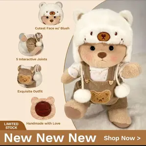 Mytoys White Mink Hat Brown Overalls Bear Handmade Jointed Teddy Bear Gift 12" Standing Height Soft Stuffed Animal Durable Soft Fluffy with 5 Interactive Joints & Exquisite Outfit stuffed  animals