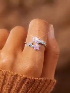 Sparkling Artificial Zircon Flower Leaf Design Cuff Ring, Fashionable Ring for Women, Trendy All-match & Exquisite Jewelry for Birthday Gift