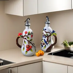 2 pieces, ceramic oil pot, with lid, embossed design, sealed and leak-proof, soy sauce and vinegar seasoning bottle Dispensers Kitchen