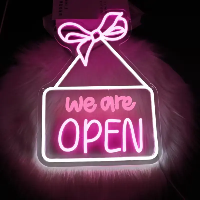 We Are Open For Business Led Sign, Pink Bow Open Neon Sign, Open Led Light, Personalized Room Wall Decor, Welcome Neon Light, Food Neon Sign for Business Window Open Signs