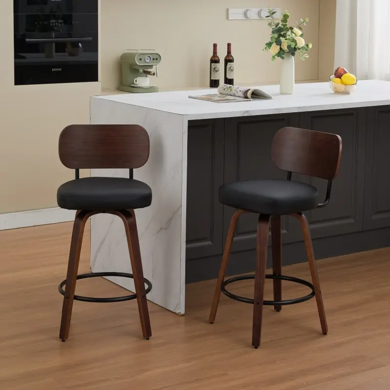 Indoor Furniture 2-Piece 26" Mid-Century Modern Swivel Counter Height Bar Stools, 15.40 lbs, Upholstered Black Faux Leather Seat, Walnut Back, Bentwood Legs for Kitchen Counter