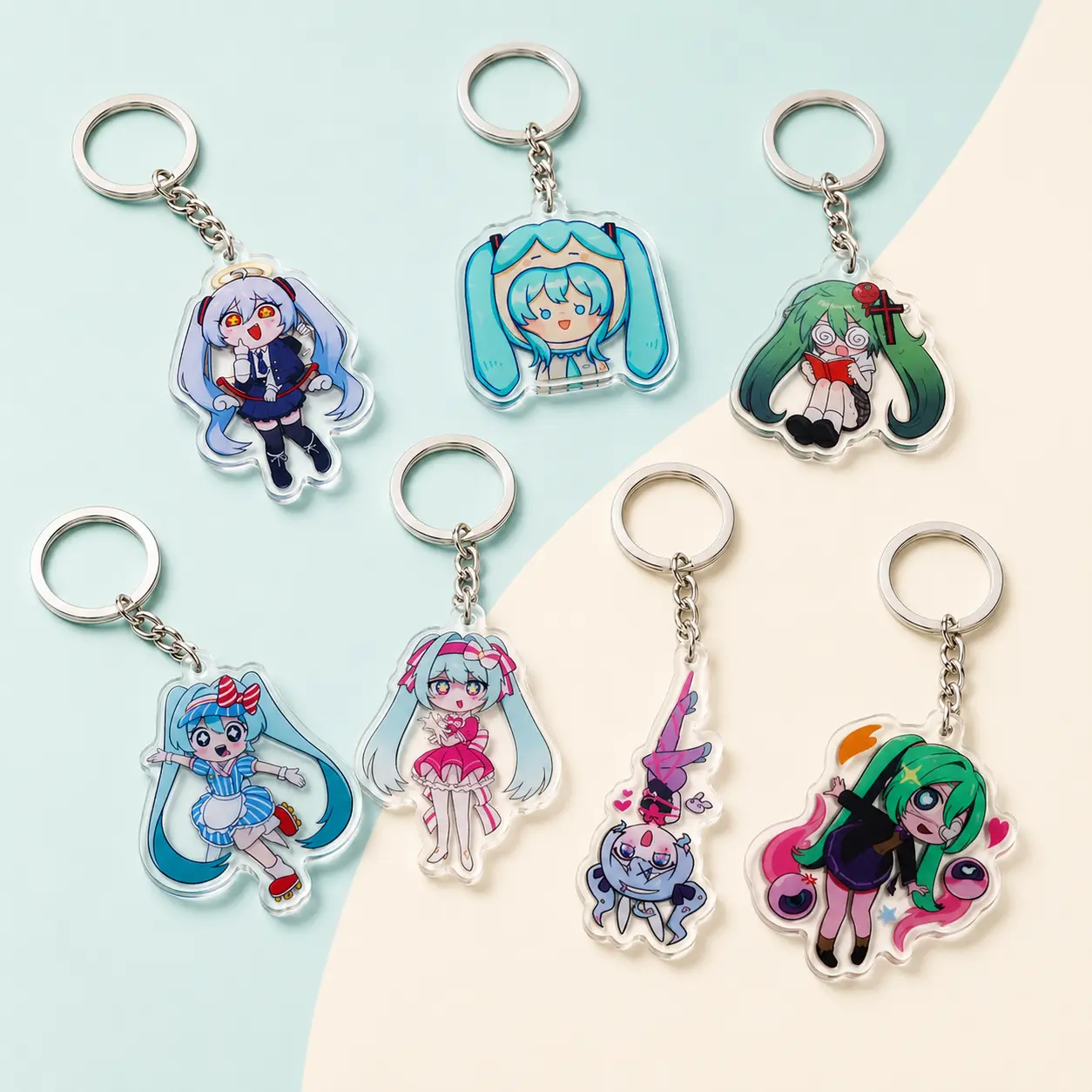 Cute Teal Hair Twin-Tail Anime Girl Chibi Acrylic Keychain – Double-Sided Idol Outfit 2D Clear Character Charm Keyring for Bags, Backpacks, Keys & Anime Fan Gifts