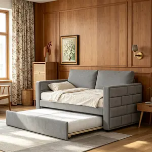 Summervibes Twin Size Daybed with Trundle, Upholstered Daybed with Padded Back, Gray