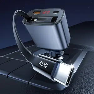 105W Retractable Car Charger Adapter with Type-C Lightning and 2 USB Ports Car Adapter with Voltage Display, Car Phone Fast Charger Compatible with Phone 15 14 13 12 11, Samsung Galaxy S24 S23 S22 Cable Retraction Wide Compatibility