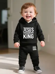 Boys' Casual Two-Piece Set, Fashion Hooded Sweatshirt, Cartoon Letter Print Pants, Suitable for Autumn Winter, Fitted Style