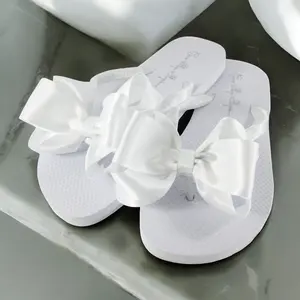 White Satin Flat Bow Flip Flops for Women, Bride Wedding Sandals for Beach Destination or Cruise Spa Day, Teacher