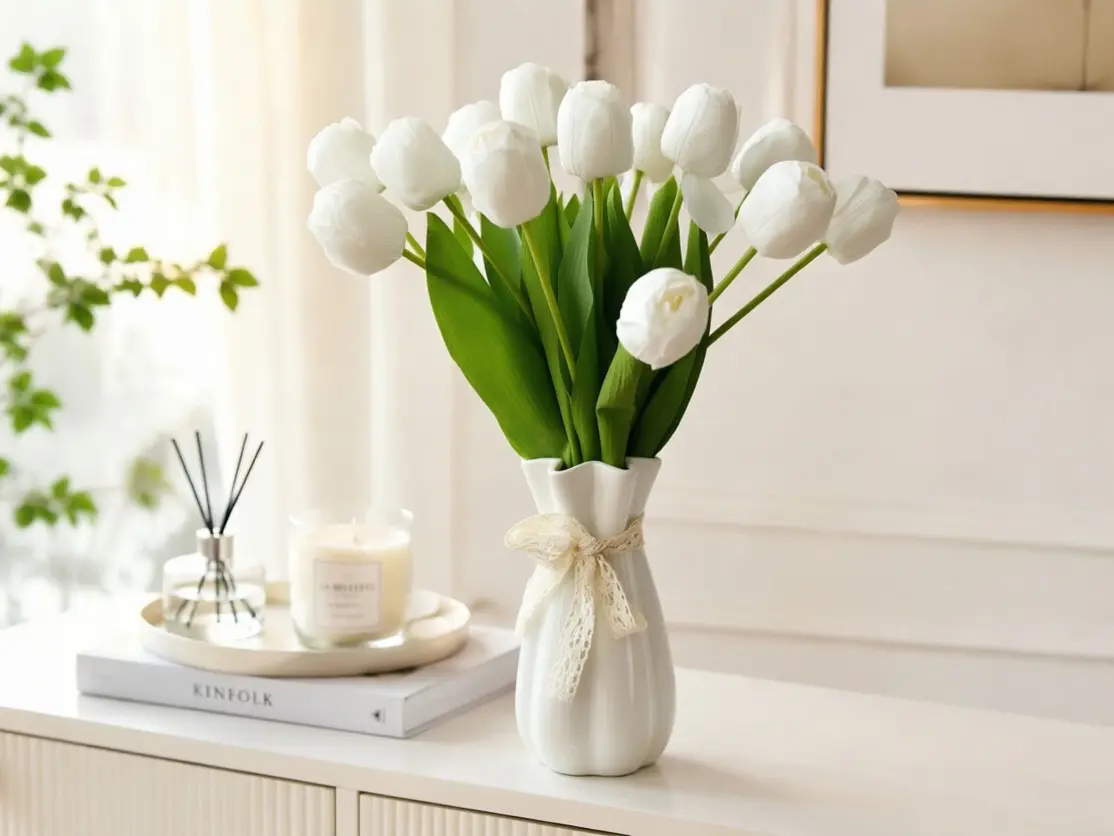 15 Pcs Fake Tulips Real Touch Artificial Flowers PU Faux Tulip Stems 16 Inch for Mom Spring Wedding Home Party Decorations (White)