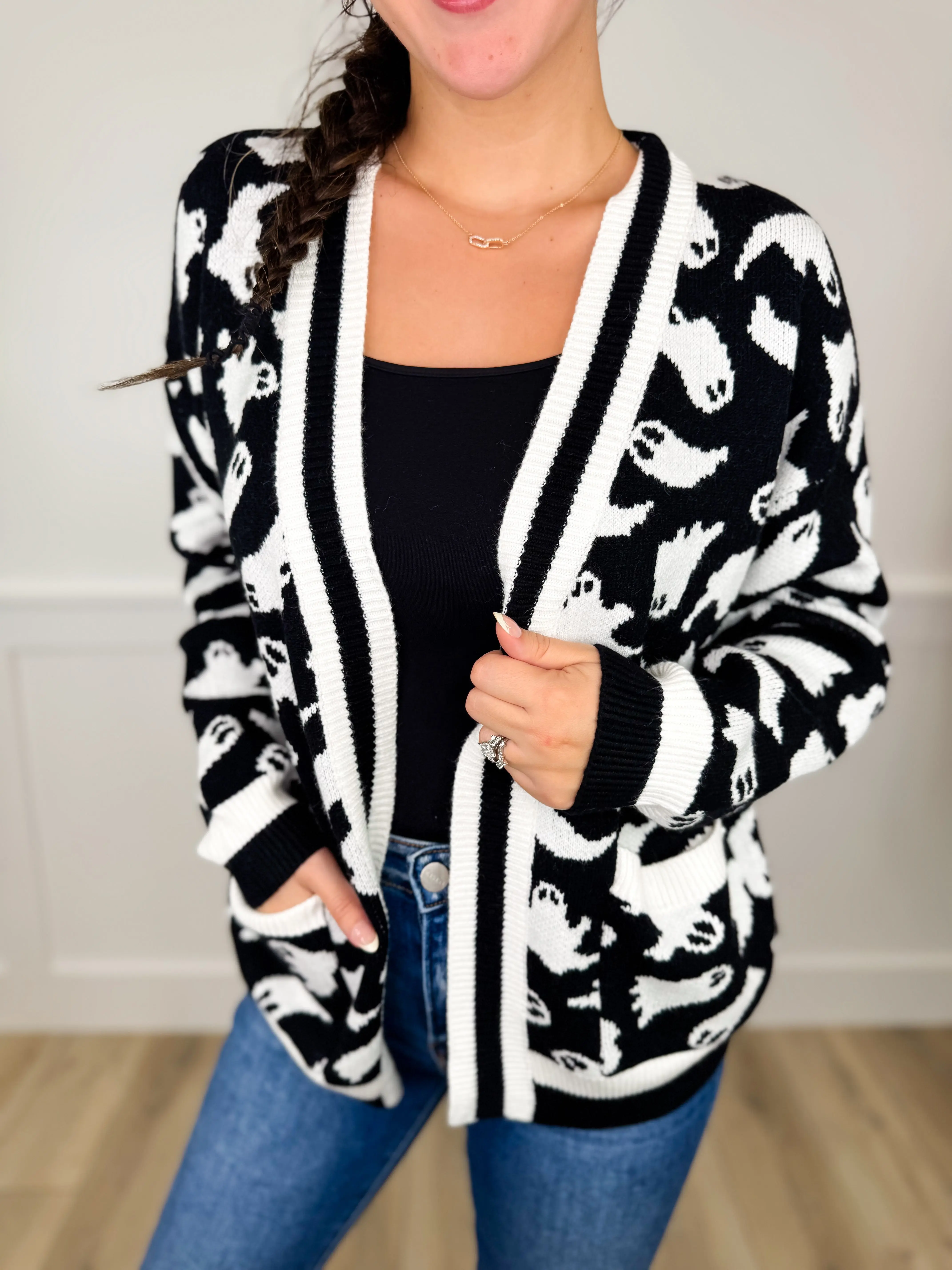 Women's Avery Mae Halloween Ghostly Glee Twist Knit Sweater Cardigan Top - Black, Long Sleeves, Soft, Fit, Comfy Casual Polyamide Fabric, Available in 2XL, 3XL, True To Size, Knitwear, Women's Clothes, Soft Knit