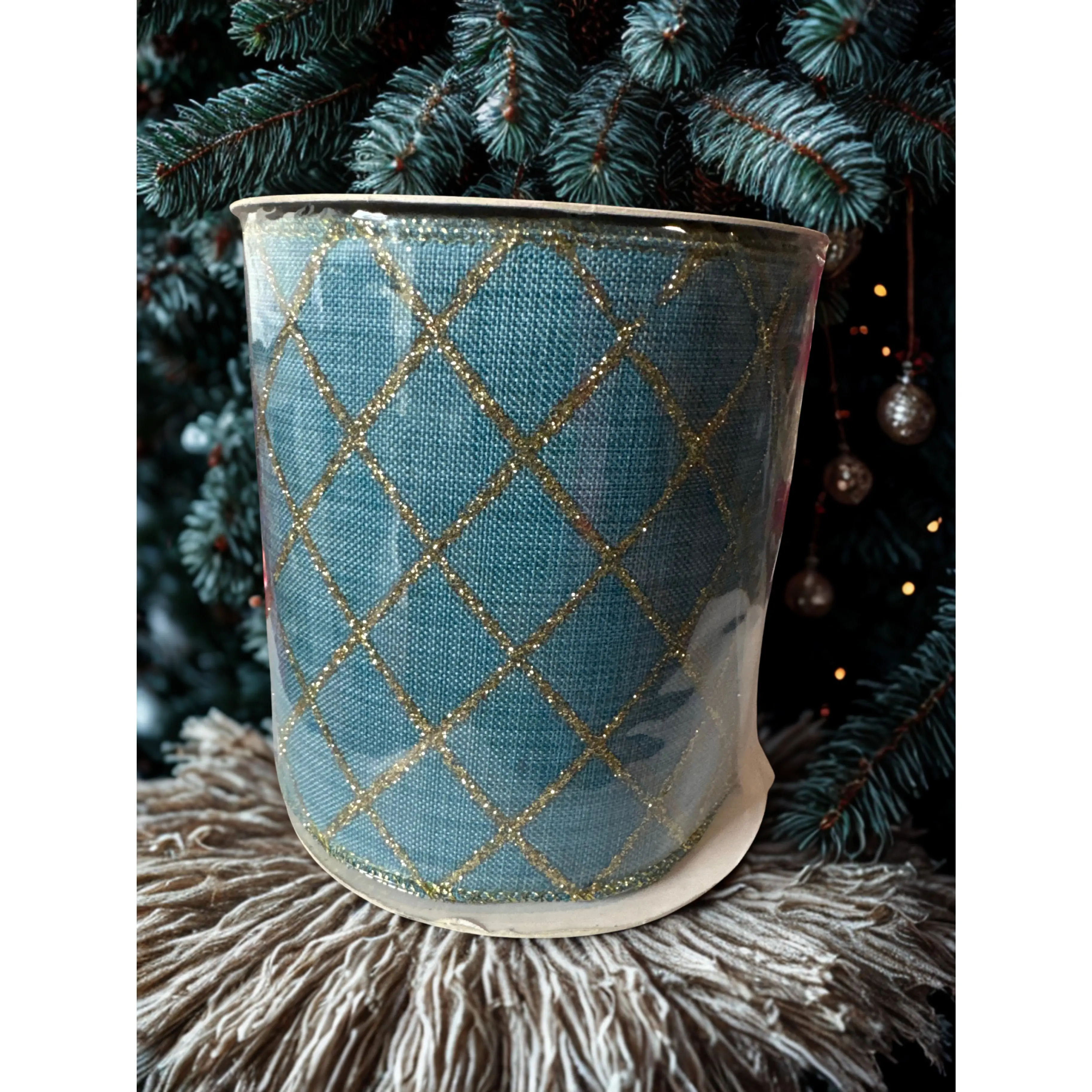 4-in Width Sparkle Fabric Base Ribbon, Teal Blue with Gold Glitter Diamond Grid Pattern, 10-Yards Sewing Accessory for DIY Crafts, Christmas Trees, New Year’s Celebrations Garlands, Geometric