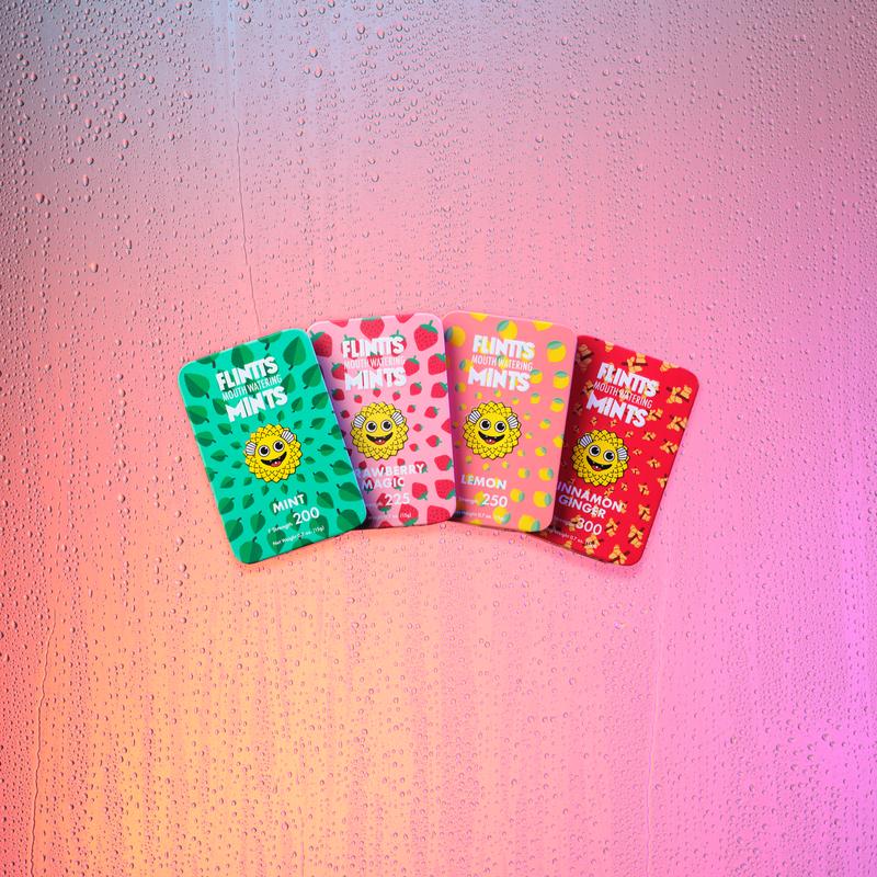 Flintts Mouth Watering Mints Wild Variety 4 Pack- Mint, Strawberry Magic, Lemon, Cinnamon Ginger - Natural Flavors, Sugar-Free & Vegan, Dry Mouth Mints