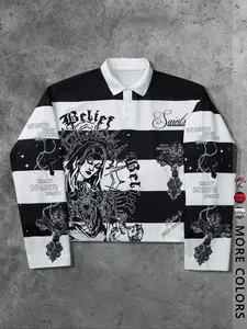 Men’s and women’s styles. Spring and autumn collection. Long-sleeve Fitted polo shirt in Y2K style. St. Mary’s and Saints’ cross pattern print on black and white checkered stripes with a black collar. Trendy hoodie suitable for streetwear