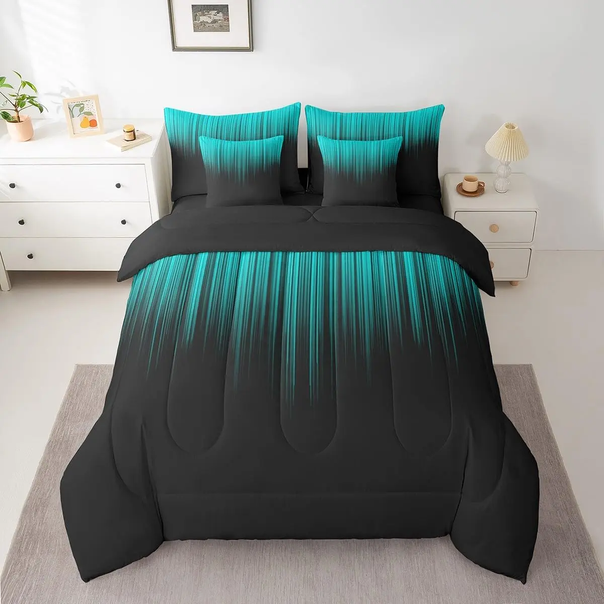 Feelyou 7-Piece Microfiber Bedding Set - Abstract Ombre, Breathable Comforter, Fitted Sheets, Teal and Black Modern Design, Machine Washable, Queen & Multi-Size for Teens, Women’s Bedrooms