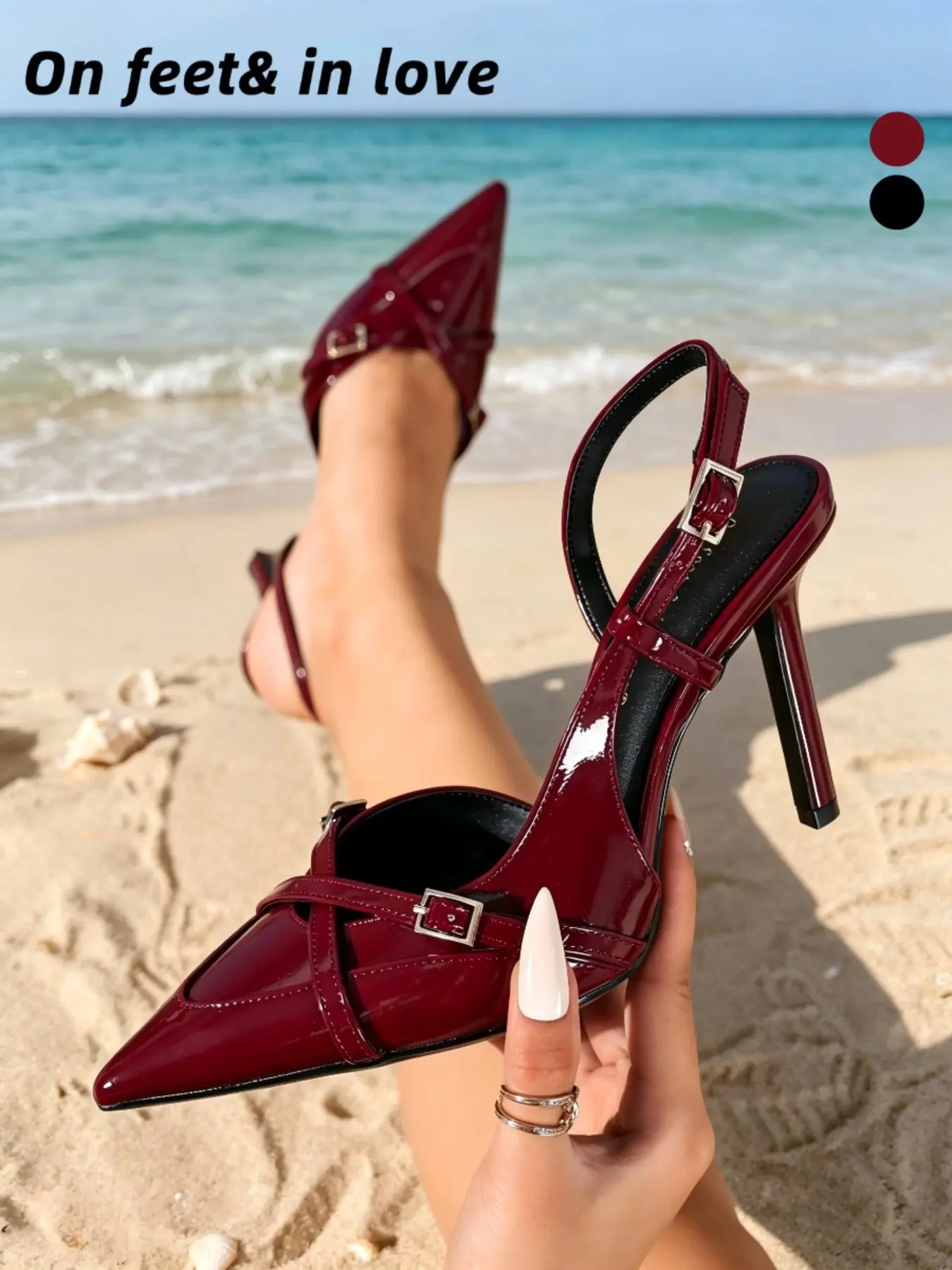 Glossy Patent Leather Pointed Toe Buckle Slingback Heels, Fashionable Slingback Sandals, Comfortable Black Stiletto Non-Slip Versatile Pumps for Commute & Party, Elegant Fashionable Sandals, Women's High Heel Sandals, Elegant Heeled Sandals