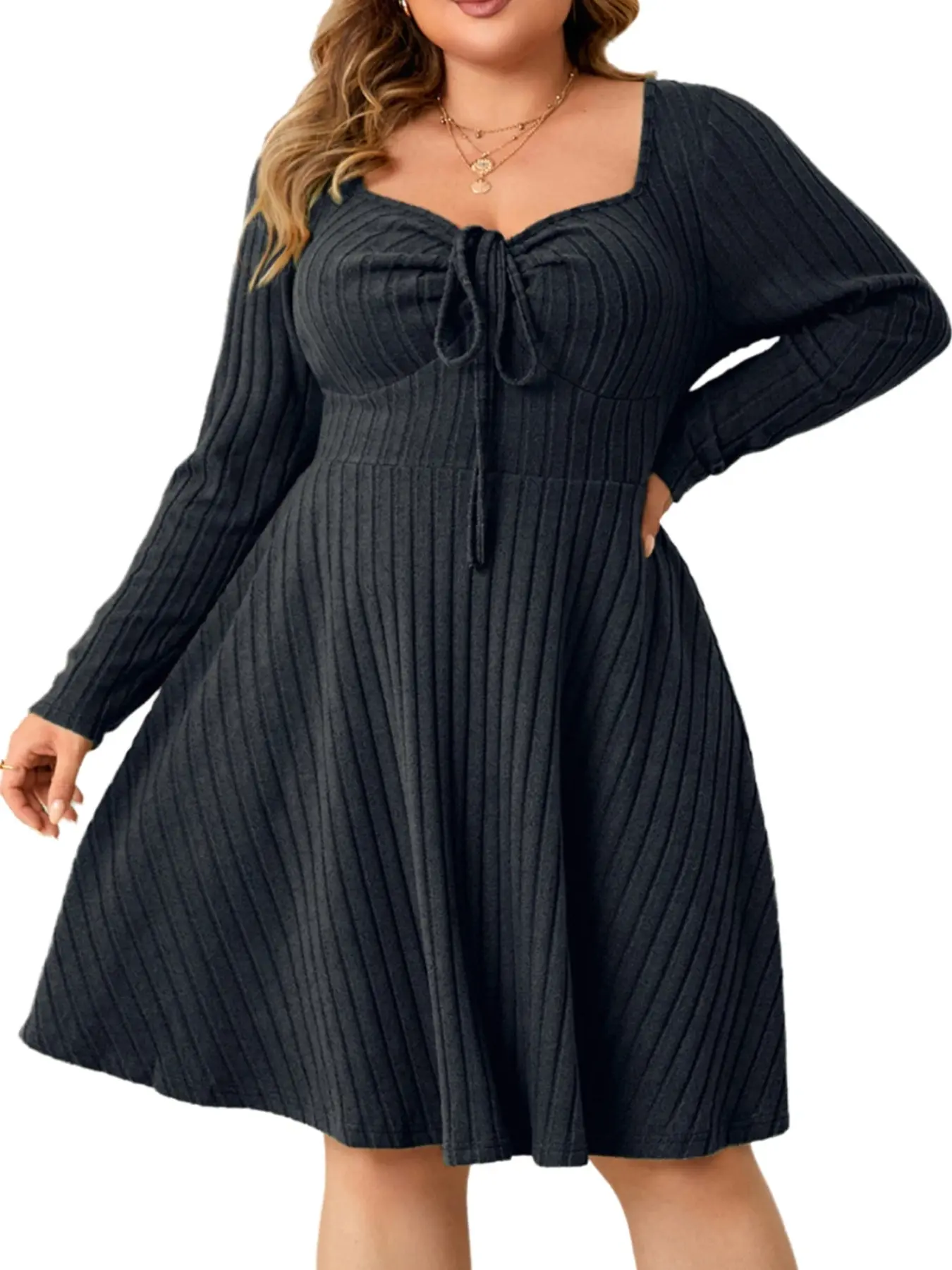 Elegant Plus Size High-End Fashion Womenswear Lady Ribbed Fleece Solid Dress, Women's Casual Long Sleeve Maxi Skirt, Comfortable Winter Wear