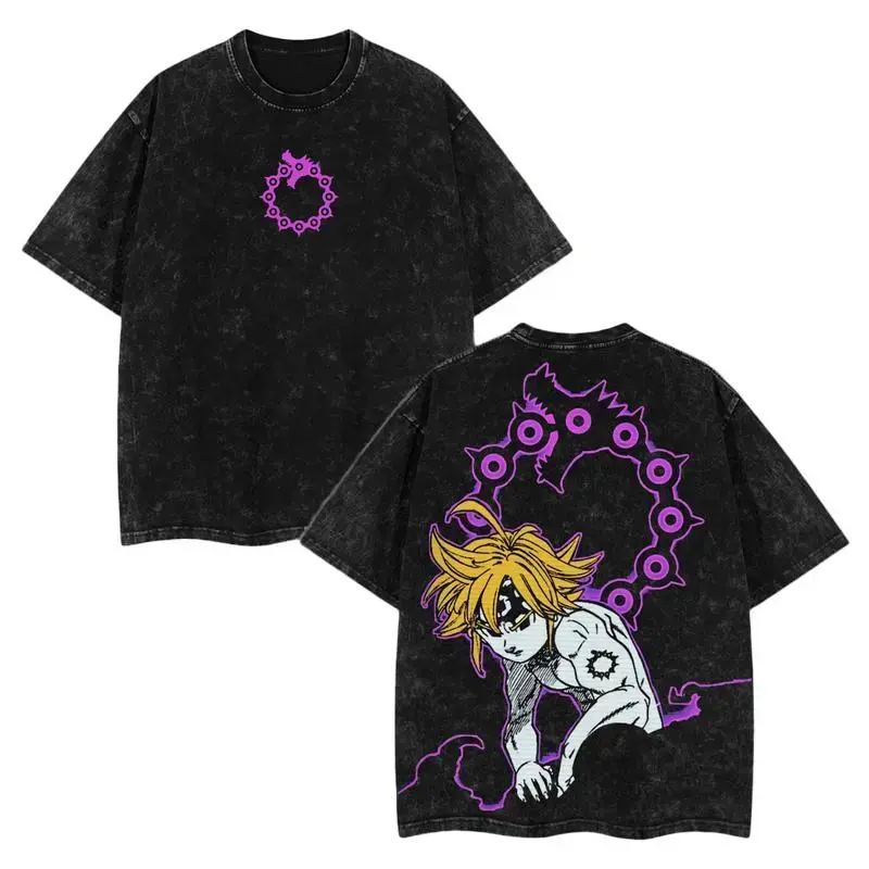 Meliodas Seven Deadly Sins Oversized Washed Tee. Vintage anime graphic t-shirt for Nanatsu no Taizai fans & trending streetwear style.