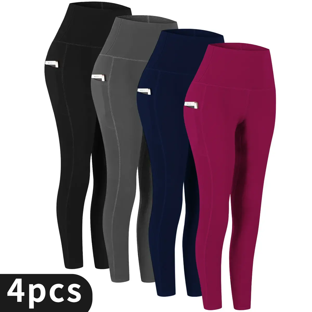 4-piece high-waisted solid yoga pants with side pockets, comfortable and slim, suitable for leisure, sports and fitness Skinny Yoga Bottoms Seamless Yoga Leggings