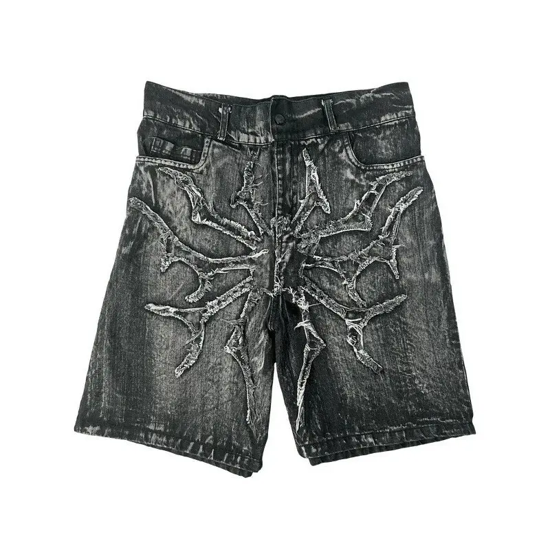 Sopula Studio Men's Retro Y2k Gothic Spider Embroidered Denim Shorts Black Casual Streetwear Jeans