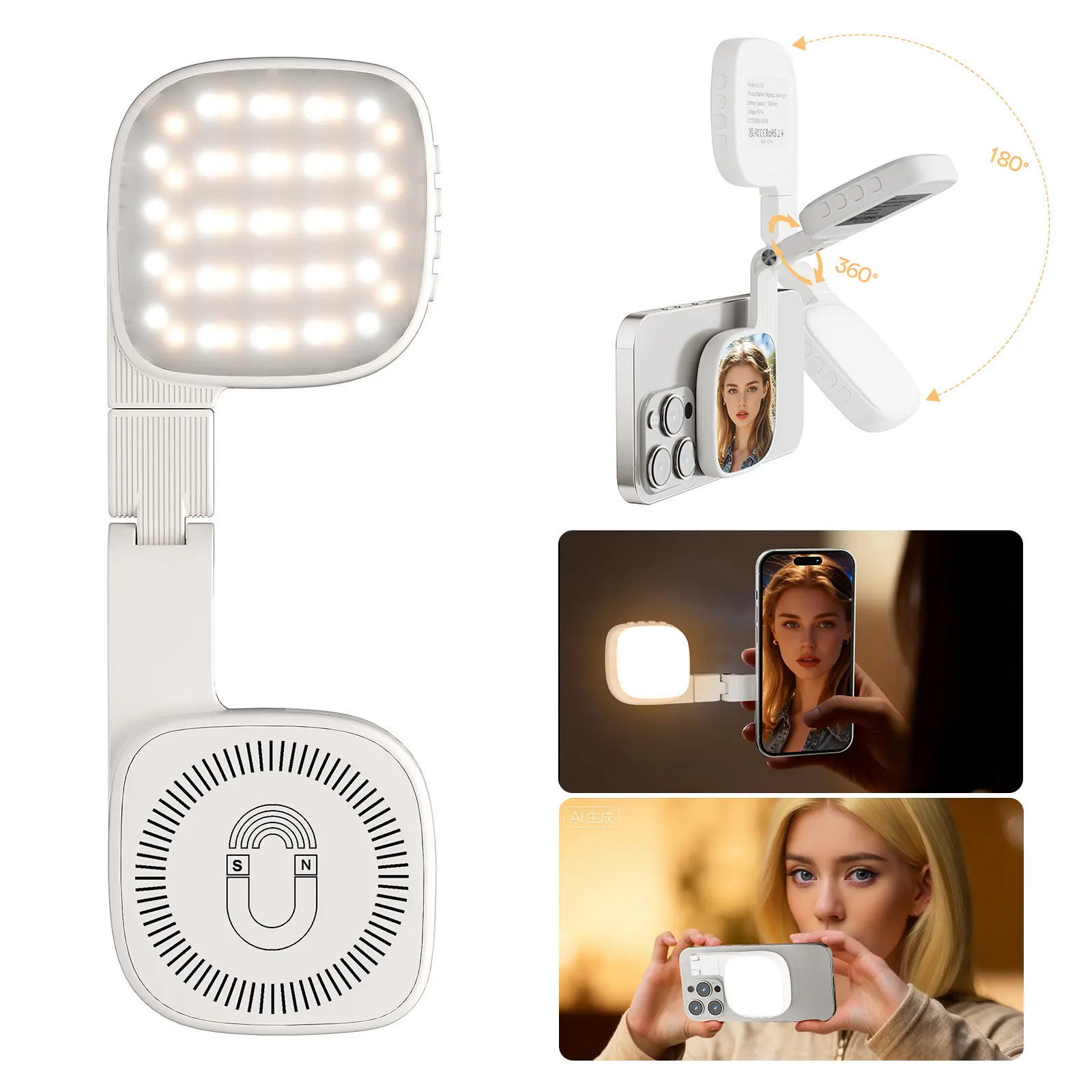 Magnetic Selfie Ring Light for Phones - 360° Foldable, 3 Color Modes, Dimmable Brightness, 1000mAh, MagSafe Compatible with iPhone 17-12, Ideal for Zoom/TikTok (White)