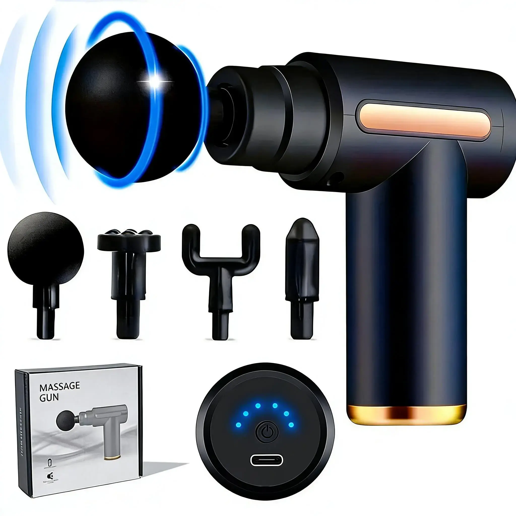 Home portable USB rechargeable 6-speed body massage gun, adjustable multifunctional body fascia gun . Perfect for muscle recovery, neck & back pain relief, and post-workout relaxation, 4 replaceable heads; Ultra-quiet brushless motor,Holiday Gifts