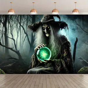 1PC Halloween Witch Crystal Ball Backdrop, Polyester Enchanting Mystic Forest & Glowing Orb Banner, Power-Free Hanging Easy-Mount Decor for Holiday, Wedding, Studio Photography Props (Indoor/Outdoor Use)