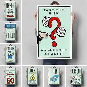 Monopoly-Inspired Time Is Money Print, Classic Cartoon Graffiti Decorative Painting with Wood Frame, Home & Office Room Decor Item for Artistic Wall Hanging