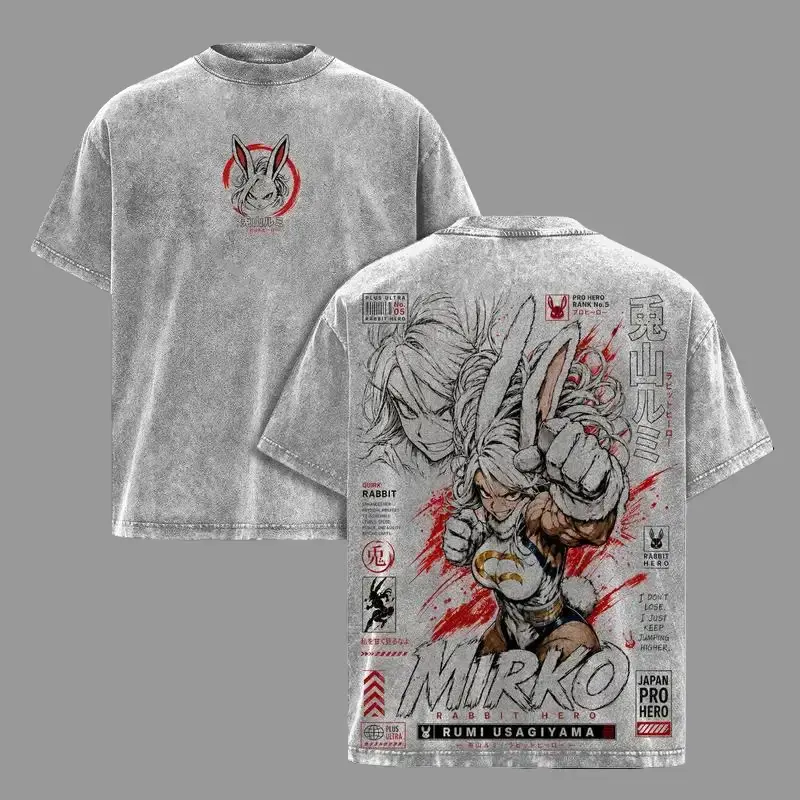 Mirko - My Hero Academia Double Printed Graphic Tee, Vintage Washed Streetwear for Men,men's summer t shirts,oversized heavyweight tee,trendy t-shirt,grunge streetwear,short sleeve，casual summer tee