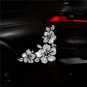 Glitter Hibiscus Flower Car Sticker — Sparkly Silver Floral Decal, Reflective Tropical Bloom Exterior Decor for Women, Waterproof Vinyl Auto Styling for Side Door, Bumper & Tail Light Area