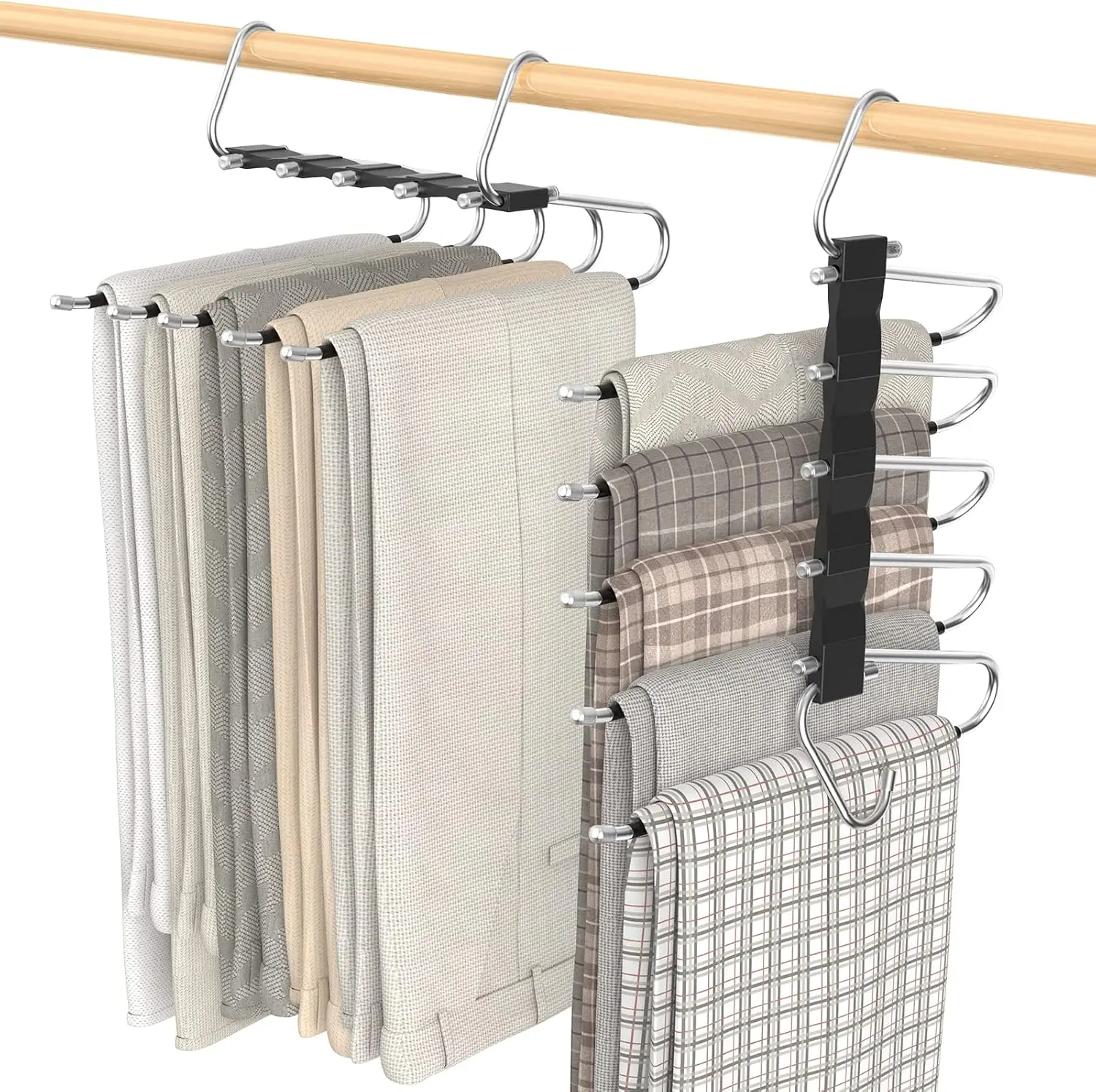6 Layer Pants Hangers(2 Pack White) Space Saving - Closet Organizer and Storage Jean Hangers, Stainless Steel Anti-Slip Clothes Hanger Scarf Holder for Pants Jeans Leggings Trousers Pant Rack
