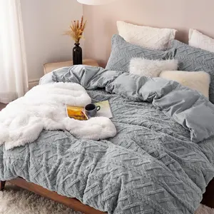 Fluffy Queen Comforter Set, Grey Plush Fleece Bed Set, Luxury Jacquard Farmhouse Boho Soft Warm Bedding for Winter, 3 Pieces, 1 Comforter (90"x90") and 2 Pillowcases (20"x26")
