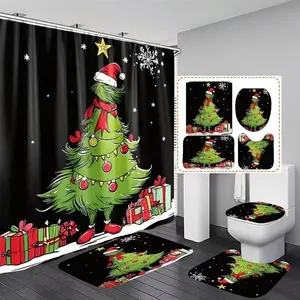 Christmas Tree Design Shower Curtain Set, Non-Slip Mat, U-Shaped Rug, Toilet Lid Cover, Perfect for Bathroom Decor, Includes 12 Hooks, Bathroom Decoration Accessories