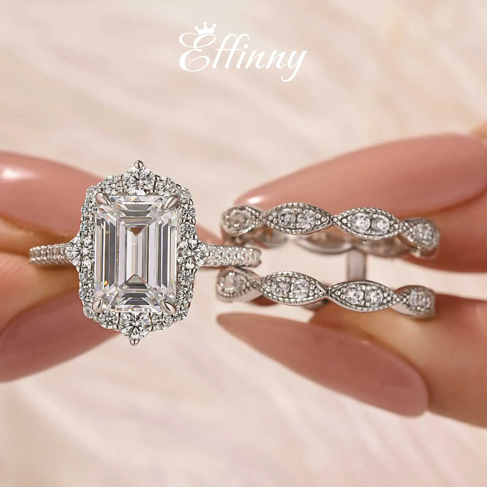 Effinny Jewelry 3.5Ct Rectangle Cut Halo Insert Wedding Ring Set With Engagement Ring Enhancer, 925 Sterling Silver Promise Ring, 5A Cubic Zirconia Proposal Ring, Unique Rings, Bridal Ring Sets