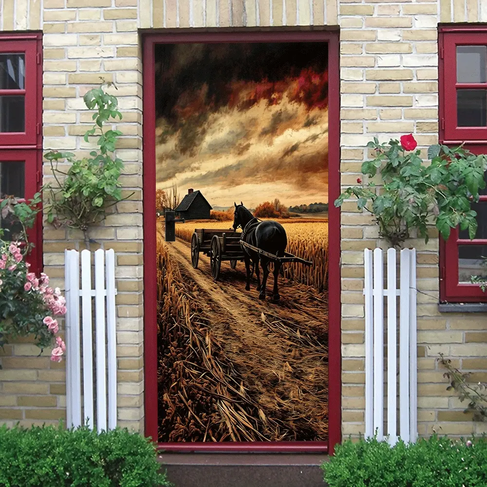 2pcs Autumn Dusk Countryside Horse Carriage Wall Sticker Vintage Farm Animal Decorative Decal Self-Adhesive Mural for Living Room Bedroom Home Warm Rural Style Wall Art