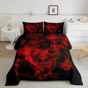 3D Skeleton Print Gothic Bedroom Bedding Set - Soft Black Red Lightweight Quilt, Luxury Personalized Designer Comforter, Decorative Bedding Piece, Decorative Bedding Set