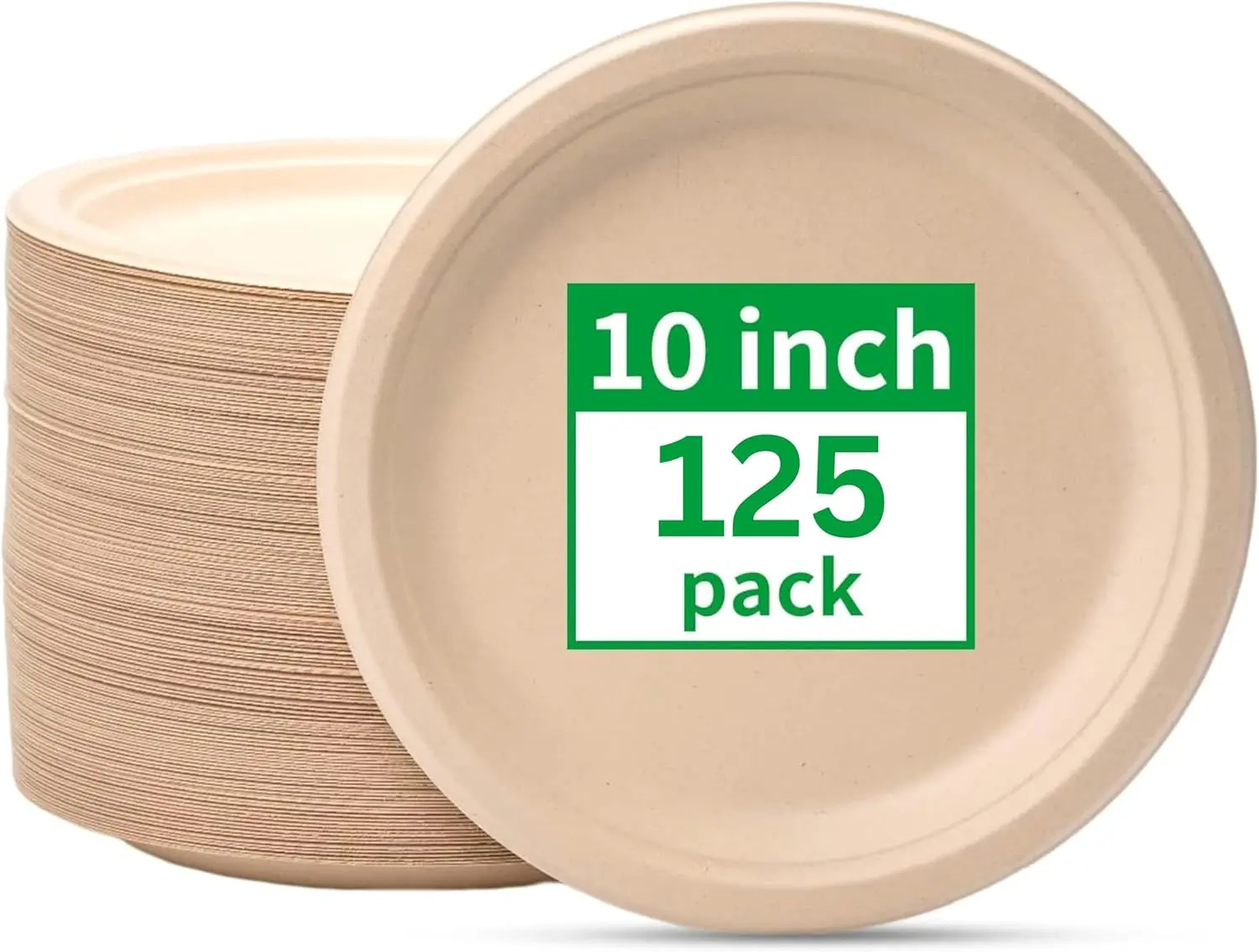 10 inch Compostable Plates, 125 pack Disposable Plate sugarcane fiber plates. Eco-friendly Biodegradable, heavy duty strong for hot or cold meals. Perfect for parties, BBQs, picnics, and home use