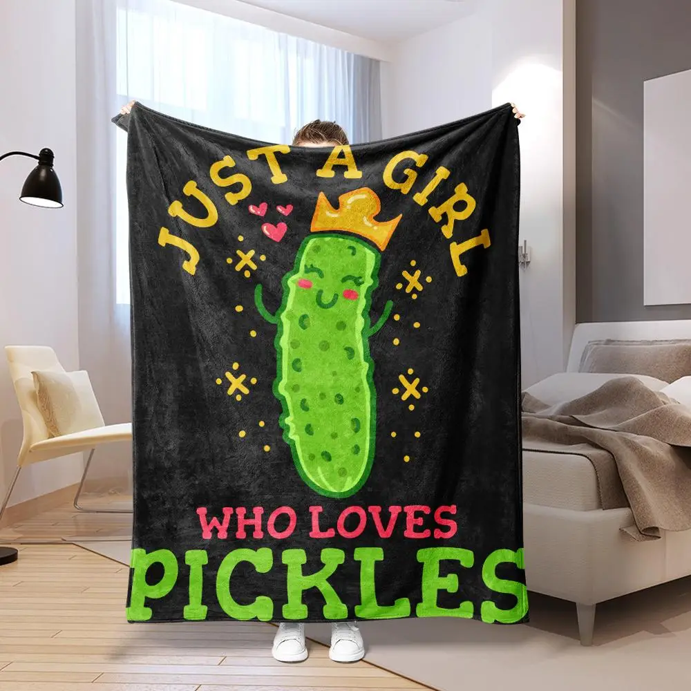 Room Decor Cartoon Cucumber & Letter Pattern Design Flannel Blanket, Soft Cozy Comfy Bedding Throw Blanket for All Seasons, Warm Napping Entertaining
