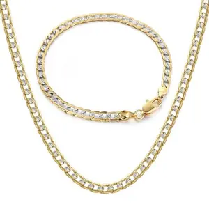 4mm Jewelry Set Diamond-Cut Curb Chain Necklace Bracelet 7-24 inch, Silver Yellow Gold Color Flat Hammered Cuban Link For Men Women Christmas Gift