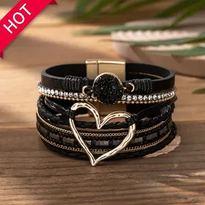 [Elegant] Boho Chic Love Heart Magnetic Clasp Bracelet - Multi-Layer PU Leather with Black Braided Design & Crystal Accents, Golden-Tone Metal Heart Pendant, Everyday Bohemian Style Jewelry for Women, Heart Jewelry