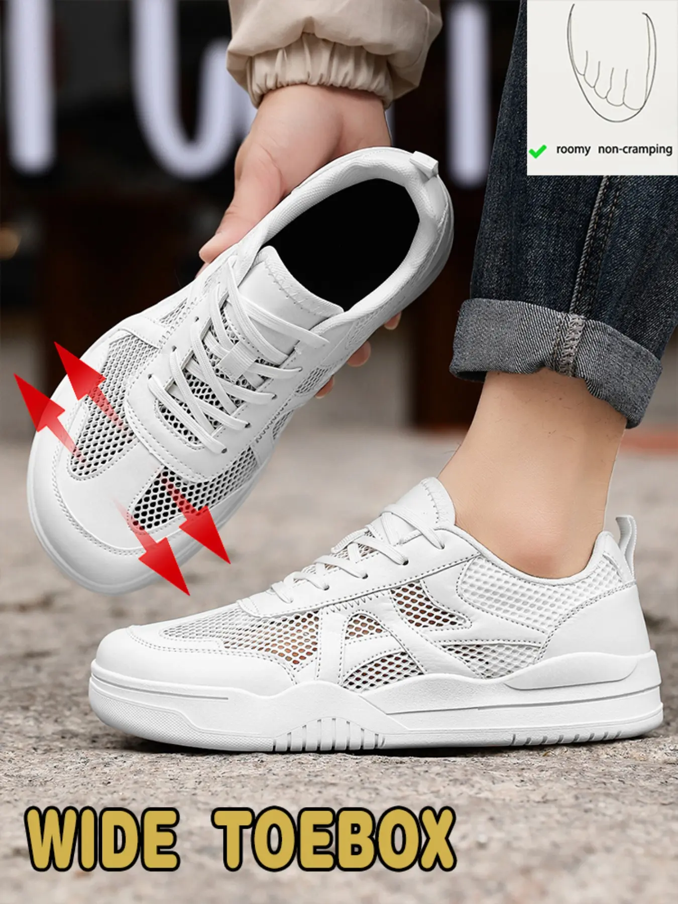 Men's Breathable Mesh Heightening Sneakers, Non Slip Thick Sole Wide Toe Casual Shoes, Unisex Hollow Out Walking Shoes, Plus Size 39-48 for Daily Outdoor