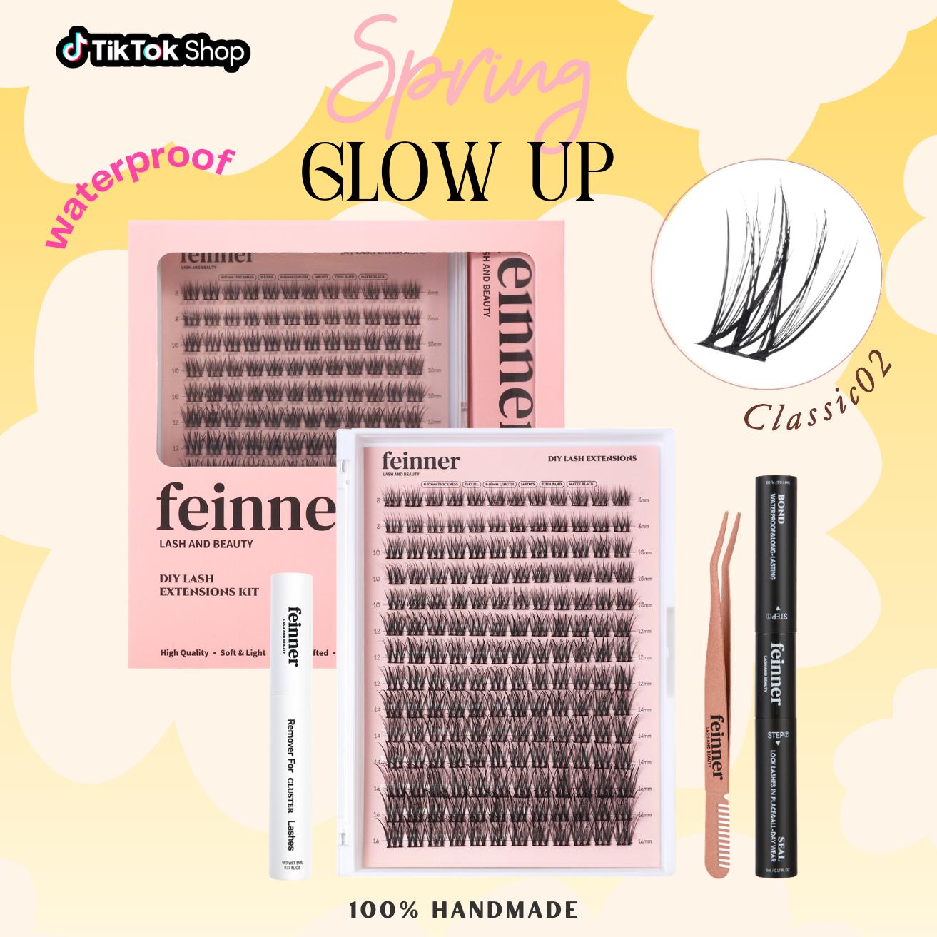 Feinner Classic DIY Lash Extension Kit Natural Look Waterproof with Bond Seal Remover Soft D Curl 8-16mm 8-12mm Mix for